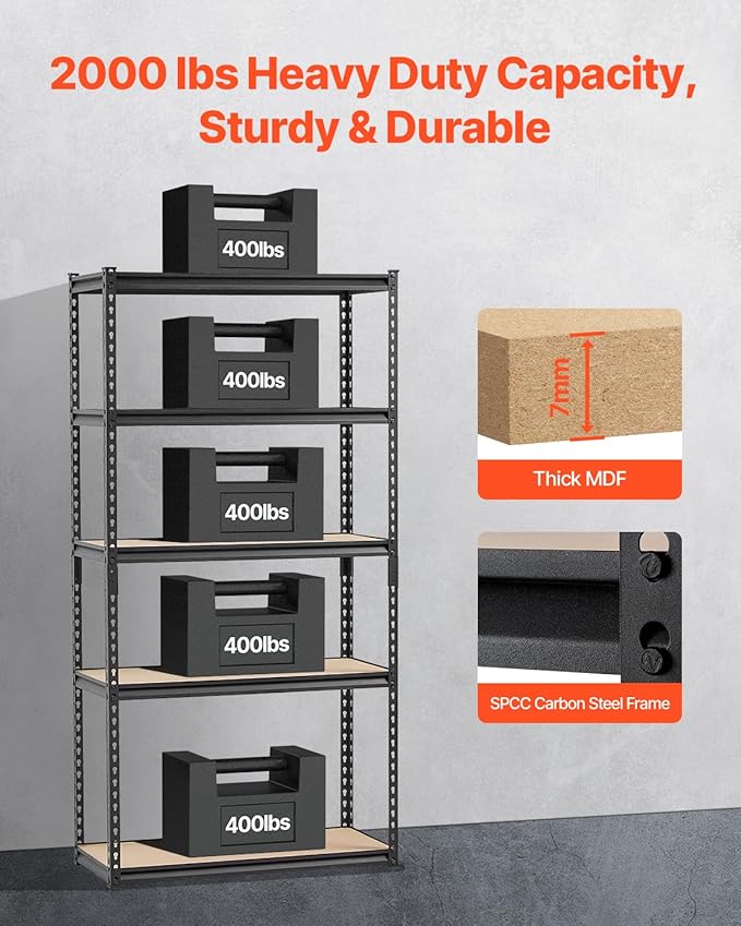 VEVOR Storage Shelves, 2000 lbs, 5 Tier Garage Storage Shelving, 16" D x 36" W x 71.4" H Adjustable Metal Shelves for Garage Shelves Utility Rack Shelf, Ideal for Kitchen, Warehouse, Basement, Black