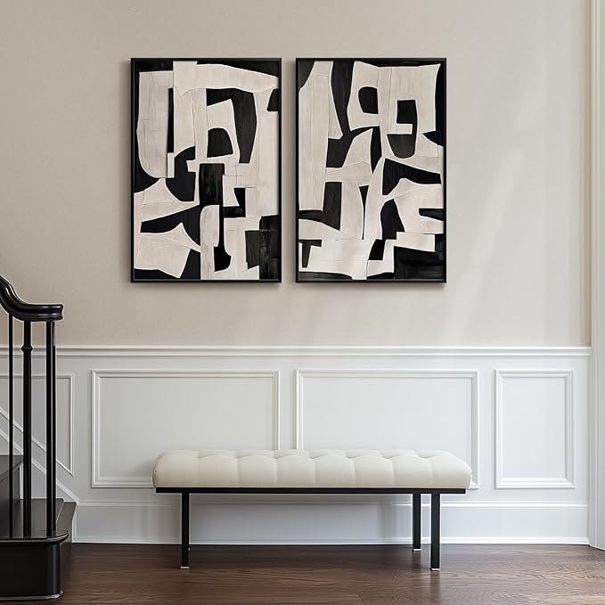 Framed Black and Beige Abstract Wall Art, 2 Piece Canvas Prints Paintings Artwork for Walls, Modern Minimalist Abstract Pictures for Living Room Hallway Bedroom Office Bathroom Wall Decor 16x24 In
