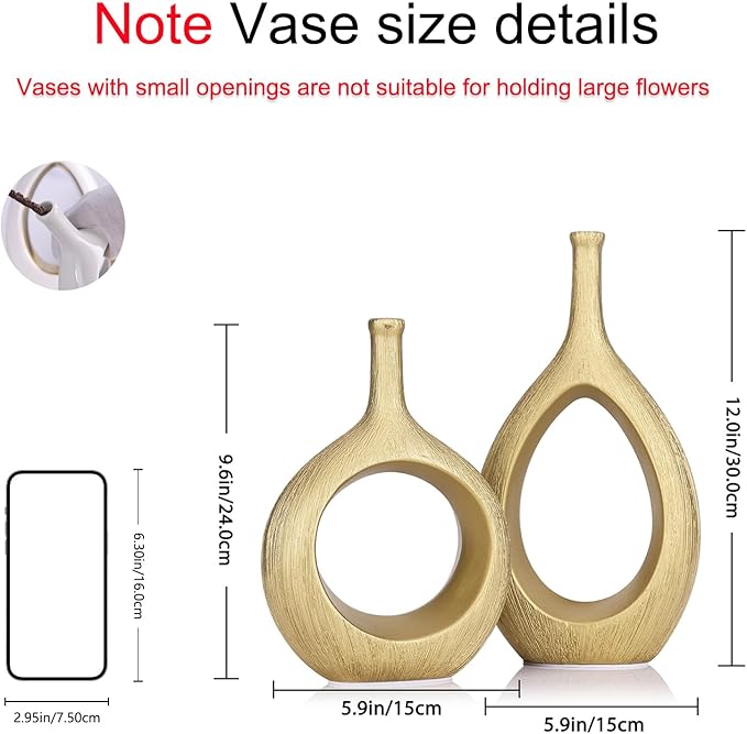 LCCCK Matte Gold Ceramic Vase Set of 2 - Ribbed Hollow Aesthetic Decorative Vase, Modern Farmhouse Table Centerpiece, Boho Gold Vases for Flower Decor and Home Living