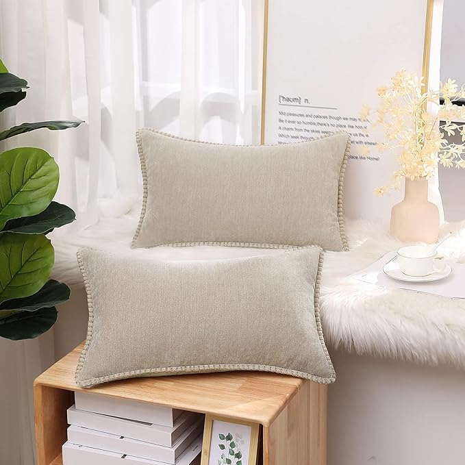 decorUhome Chenille Soft Throw Pillow Covers 12x20 Set of 2, Lumbar Velvet Farmhouse Neutral Decorative Euro Pillow Covers with Stitched Edge for Couch Sofa Bed Home Decor, Beige