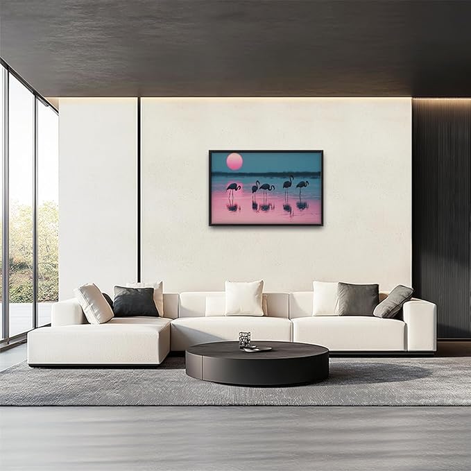Olivine Flamingo Wall Art, Sunset Pictures Wall Decor, Beach Painting, Tropical Animal Canvas Prints, Framed Artwork for Bathroom Bedroom Living Room Office Home Decoration 36"x24"
