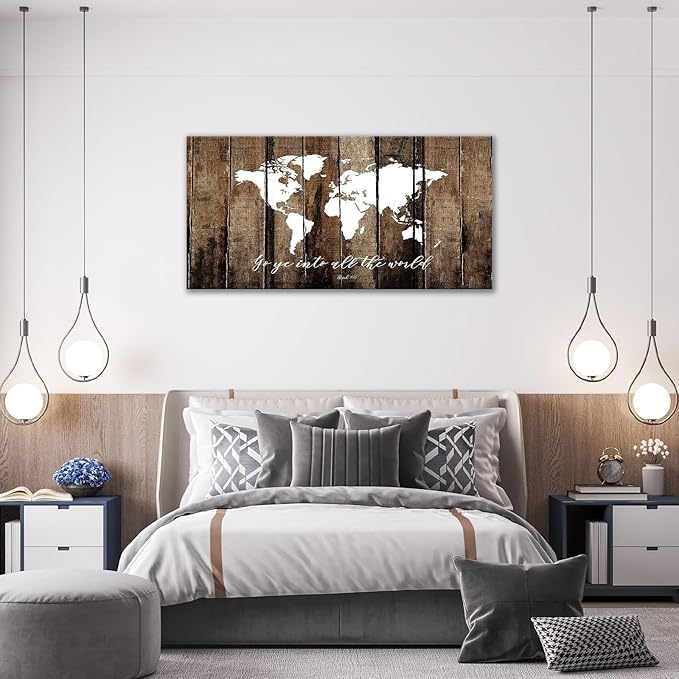 Large World Map Wall Art Rustic World Map Pictures Wall Decor Go Ye Into All The World And Preach The Gospel Canvas Painting Print Home Artwork Framed for Living Room Bathroom Master Bedroom 60"x30"