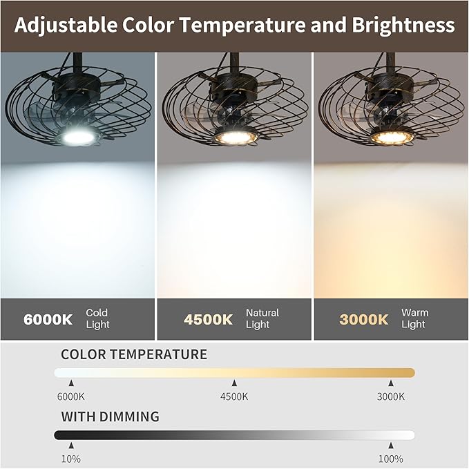 15" Outdoor Ceiling Fan with Light, Waterproof Gazebo Fan Remote Control, Dimmable LED Light, Hanging Black Caged Ceiling Fixtures with Plug in Cord for Patios Pergola, Black Gold