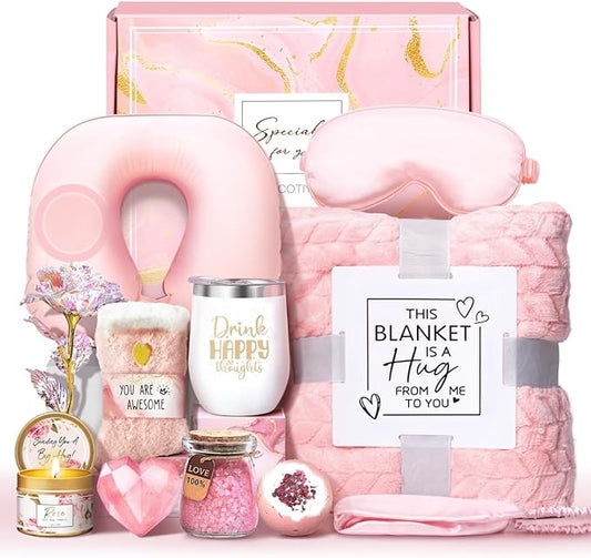 Birthday Gifts for Women Self Care Gifts Get Well Soon Gifts for Women,Relaxing Spa Gifts Basket w/Flannel Blanket Traveling Pillow Care Package christmas Birthday Gifts Idea for Mom Her Wife Friends