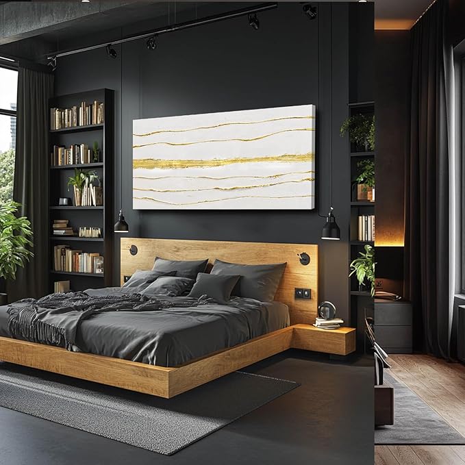 White Canvas Wall Art Abstract Line Prints Living Room Wall Decorations Gold Foil Painting Large Framed Wall Decor for Bedroom Hotel 29x58 Inch