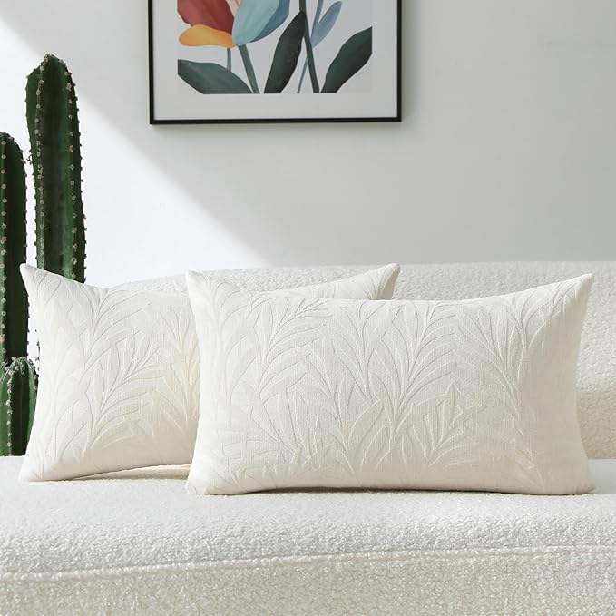 FUTEI Cream Decorative Throw Pillow Covers 12x20 Inch Set of 2,Soft Chenille Phoenix Tail Leaf Textured Pillow Case,Modern Home Decor for Couch Bed Living Room