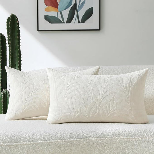 FUTEI Cream Decorative Throw Pillow Covers 12x20 Inch Set of 2,Soft Chenille Phoenix Tail Leaf Textured Pillow Case,Modern Home Decor for Couch Bed Living Room