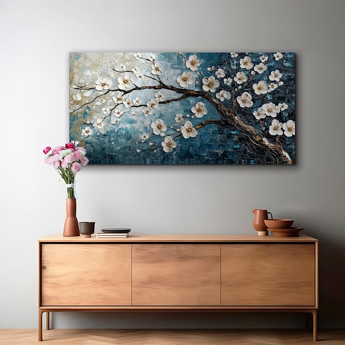crmotu Teal Tree Wall Art, Plum Blossom Extra Large Artwork, Chinoiserie Floral Canvas Botanical Prints, Blue Plant Modern Wall Pictures for Living Room Bedroom Office Farmhouse Cottage 30X60 Inches