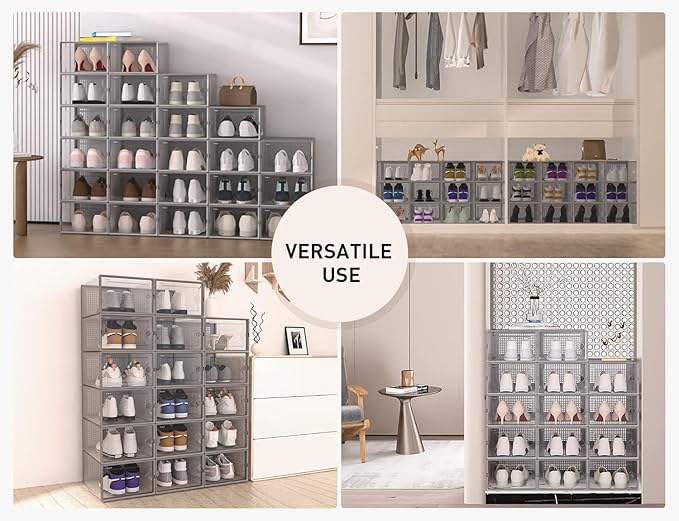 Kuject XX-Large Shoe Storage Boxes Organizers Clear Plastic Stackable 12 Pack, Shoe Rack & Holder Substitute, Sneaker Containers, Toy Storage Organizer Bins for Entryway, Closet, Under Bed, Grey