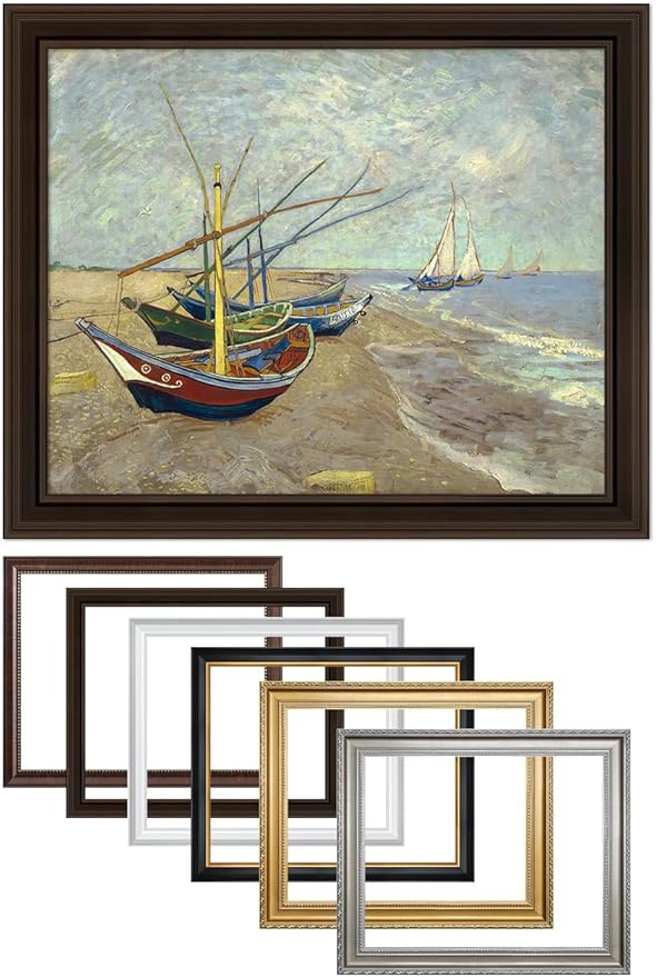 DECORARTS - Boats At Saintes Maire - Vincent Van Gogh Giclee Prints w/Antique Brown Frame for Wall Decor. Picture Size: 20x16, Total Size w/Frame: 23x19