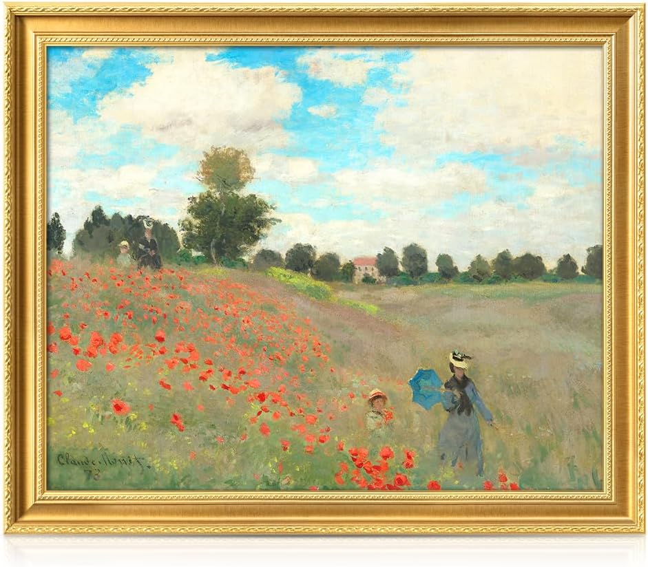 DECORARTS - Claude Monet Poppies At Argenteuil Giclee Print with Gold Solid Wood Frame, Impressionist Large Framed Wall Art, Ready to Hang, Framed Size 34.75x28.75, Made in USA