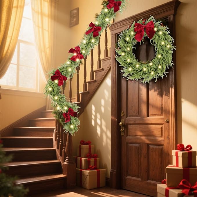 9ft Christmas Garland with Lights,Lighted Norfolk Pine Garland for Mantle,Prelit Real Touch Artificial Green Christmas Winter Garland with Large Burgundy Velvet Bow for Indoor Outdoor Decor