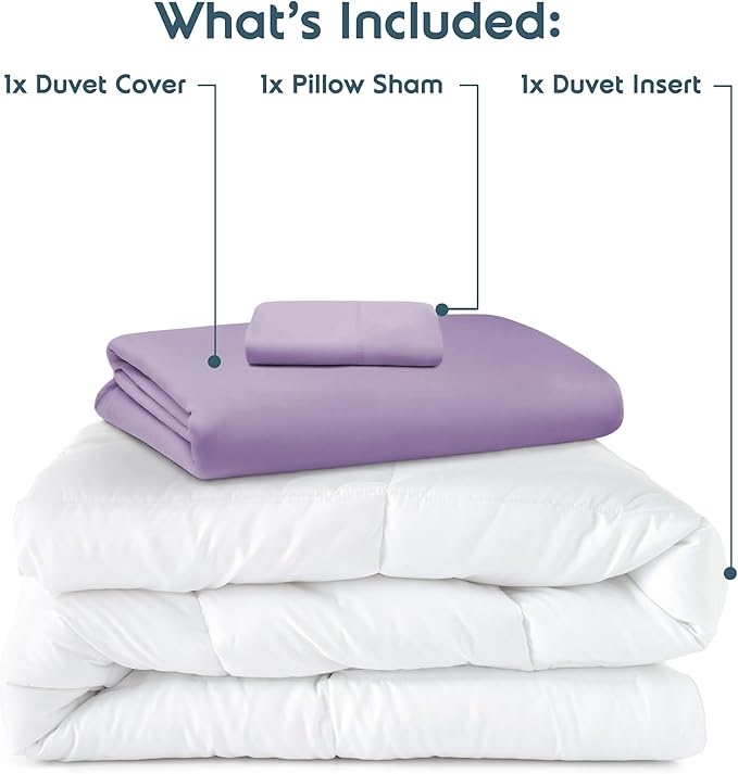 Nestl Twin Duvet Cover Set with Comforter Insert - Lavender 3 Piece 68x90 Duvet Cover & 1 Pillow Sham with White Quilted Down Alternative Comforter, Ultra Soft, All Season
