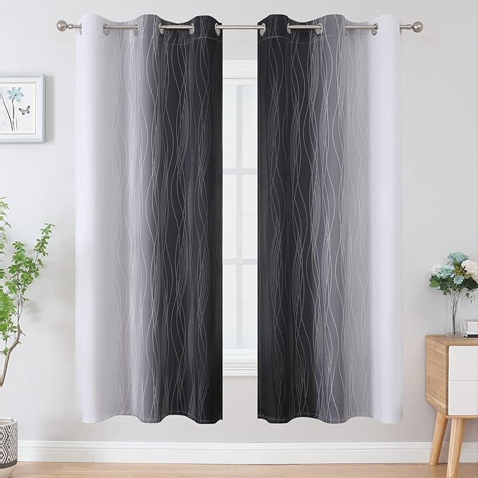 Estelar Textiler Full Room Darkening Blackout Curtains 72 Inch Length 2 Panels Set, Ombre Greyish White and Black Thermal Insulated Full Light Blocking Grommet Blackout Drapes for Bedroom, 42Wx72L