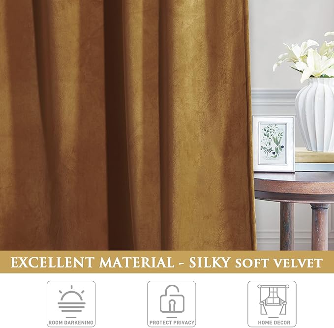 StangH Back Tab Velvet Curtains - Gold Brown Blackout Bedroom Curtains 90 inch Length Thermal Insulated Drapes for Boy Kids Room Studio Theater, W52 x L90, 2 Panels