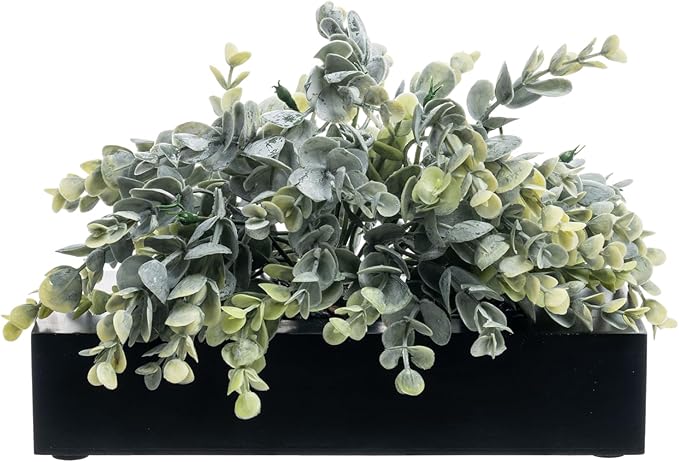 MyGift Artificial Eucalyptus Plant in Black Wood Decorative Planter Pot, Realistic Faux Indoor Greenery in Container for Tabletop Centerpiece Décor