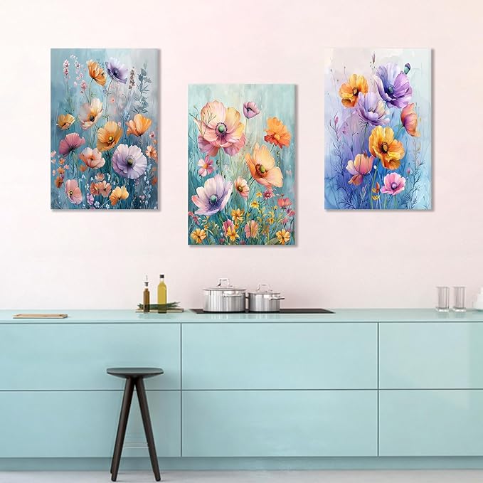 Floral Poster Canvas Wall Art Home Decor Abstract Wildflower Daisy Flower Green Leaves 3 Pieces Picture Print Plant Painting Artwork for Bedroom Kitchen Office Stretched and Framed [48''W x 24''H]