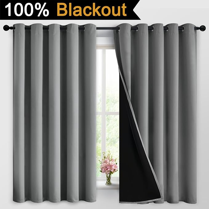 Yakamok 100% Grey Blackout Curtains for Bedroom, Light Blocking Thermal Insulated Noise Reducing Blackout Drapes for Living Room(62Wx63L, 2 Panels)