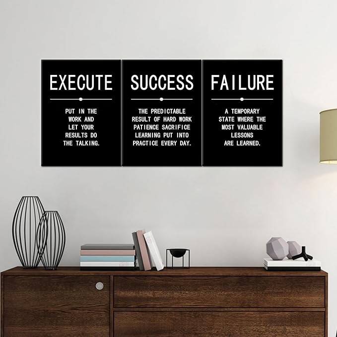 Success Quote Poster Inspirational Canvas Painting Wall Art Execute Failure Definition 3 Pieces Black Positive Motivational Framed Artwork Prints Picture for Living Room Office [36''Wx 16''H]