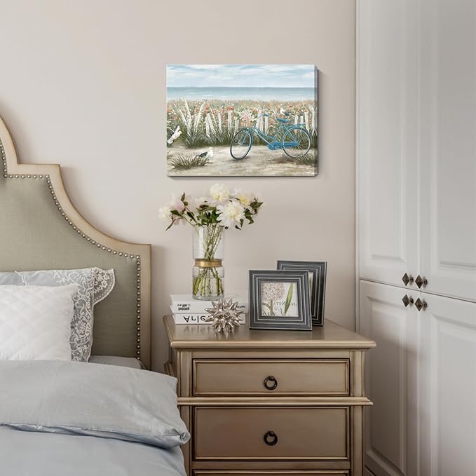 Bathroom Wall Art Farmhouse Boho Ocean Beach Coastal Vintage Floral Canvas Print Seaside Blue Bicycle Seagull Seascape Painting Seashore Botanical Wildflower Field Daisy Flowers Artwork 12x16inch