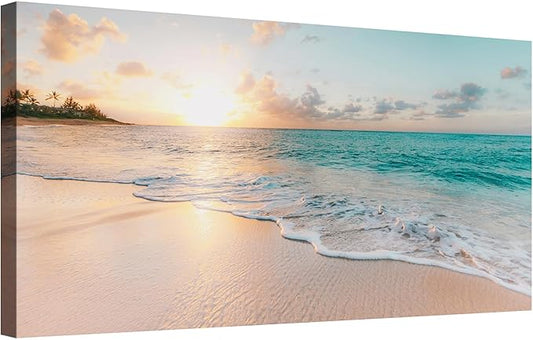 Beach Large Canvas Wall Art - Sunset Scene Picture Painting Print for Office, Bedroom, Living Room Decoration, Large Coastal Artwork for Wall Decor 29"x58"