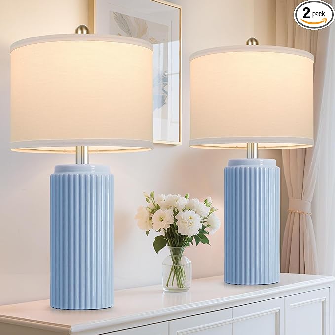 23.5’’ Sky Blue Farmhouse Table Lamps for Living Room Set of 2, Modern Elegant Ceramic Bedside Nightstand Lamps with White Linen Shade for Bedroom, Coastal Lamps Set for Study Home Office