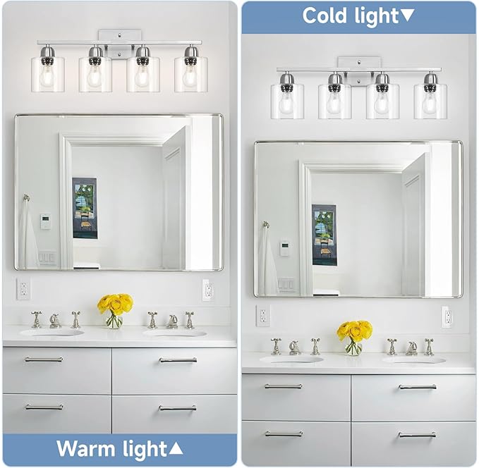 Brushed Nickel Vanity Lights for Bathroom, 4 Light Bathroom Vanity Light Over Mirror, Wall Lights with Clear Glass, E26 Socket