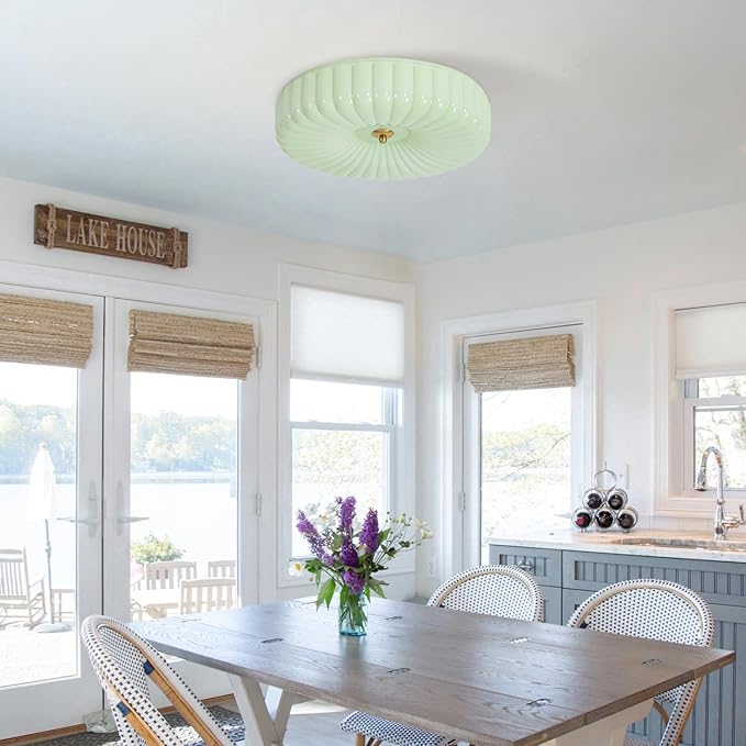 KCO Lighting Nordic Green Glass Flush Mount Ceiling Light Vintage Round Semi Flush Mount Ceiling Light Fixture Mid Century Modern Bathroom Overhead Light LED Ceiling Lights