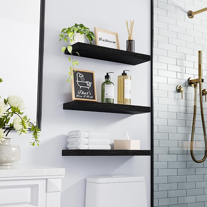 BAYKA Floating Shelves for Wall, Wall Mounted Rustic Wood Shelves for Bathroom, Bedroom, Living Room, Kitchen, Hanging Shelf for Books/Storage/Room Decor with 22lbs Capacity (Black, Set of 3, 15.7in)