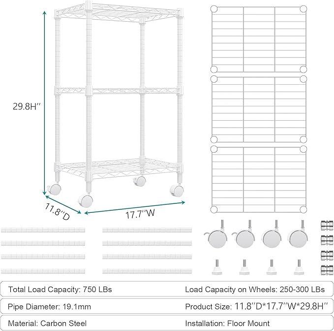 3 Tier Shelf Metal Storage Shelves Wire Rack Closet Organizers with Wheel for Garage Kitchen Bathroom Laundry White 11.8" D x 17.7" W x 29.8" H