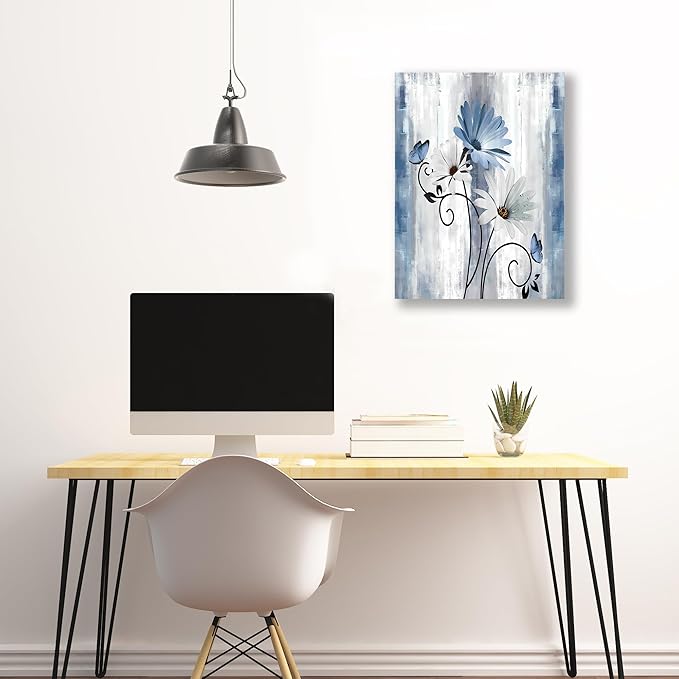 Blue Flowers Canvas Wall Art Bathroom Wall Decor, Blue and White Daisy Flower and Butterfly Canvas Wall Art Framed Artwork Ready to Hang for Living Room Bedroom Decor, 12x16in
