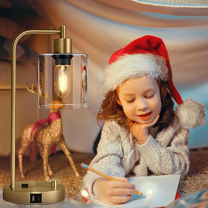 Set of 2 Industrial Table Lamps with USB C+A Ports and Outlet, Brass Fully Stepless Dimmable Bedside Lamps, Nightstand Lamps with Clear Glass Shade for Living Room Office (2 LED Bulb)