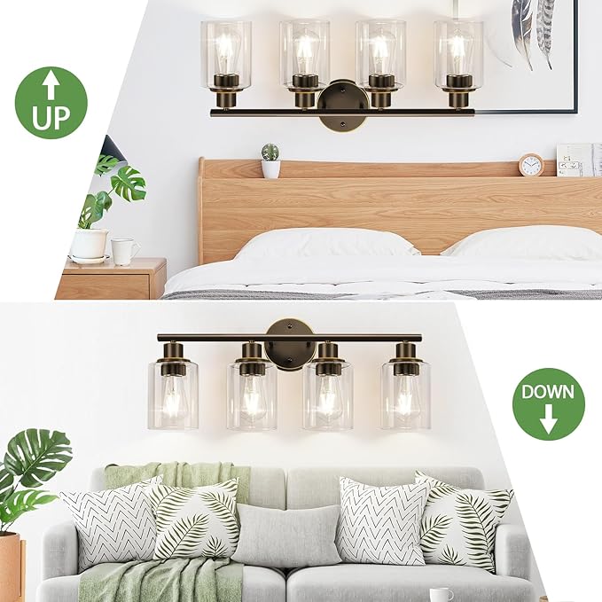 4-Light Bathroom Light Fixtures, Brown and Gold Modern Vanity Lights Over Mirror with Clear Glass Shade, Bathroom Wall Lamp for Mirror Kitchen Living Room Hallway Cabinet Porch Bedroom Reading room