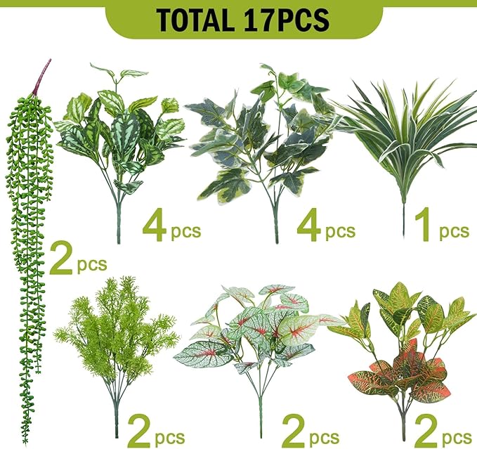 GTIDEA 17 Bundles Outdoor Artificial Plants UV Resistant Fake Greenery Stems Faux Shrubs for Indoor Outside Hanging Front Porch Patio Garden Window Box Home Decor