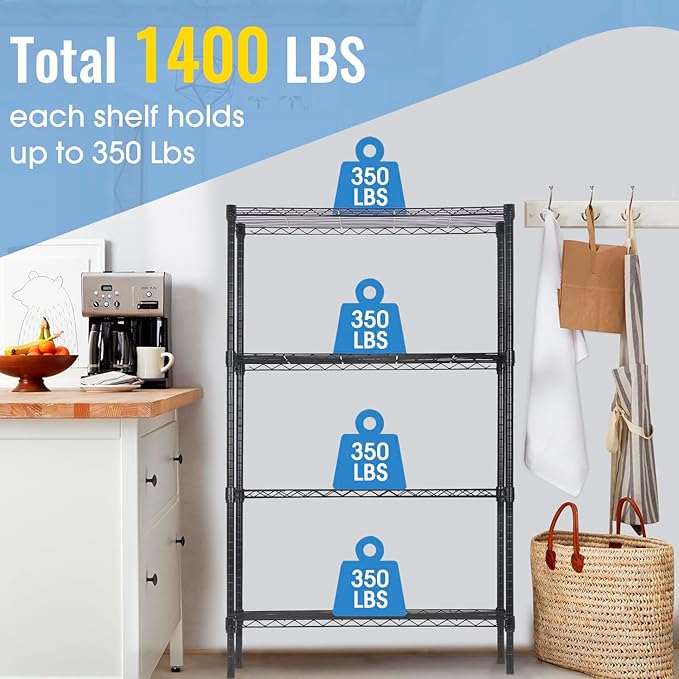 PayLessHere | 4-Tier Wire Shelf | 36"x14"x62" | Black | Adjustable Racks | Heavy-Duty Storage Shelves, Holds Upto 1400 lbs | Rust-Resistant, No-Tool Assembly | for Home, Garage Shelving