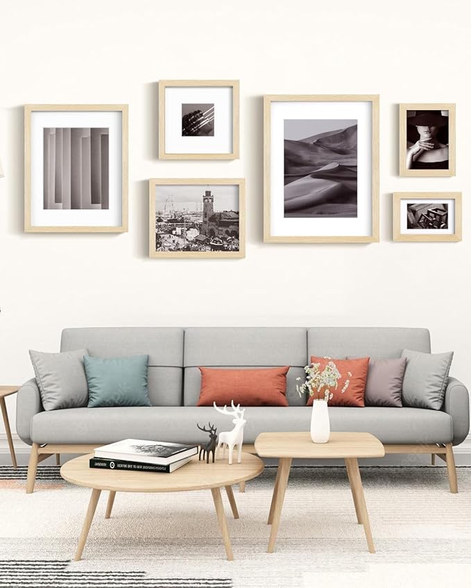 Egofine A4 Picture Frames Set of 4, Made of Solid Wood Covered by Plexiglass 4x6 and 6x8 with Mat or A4 without Mat, for Table Top Display and Wall Mounting Photo Frame Oak Wood