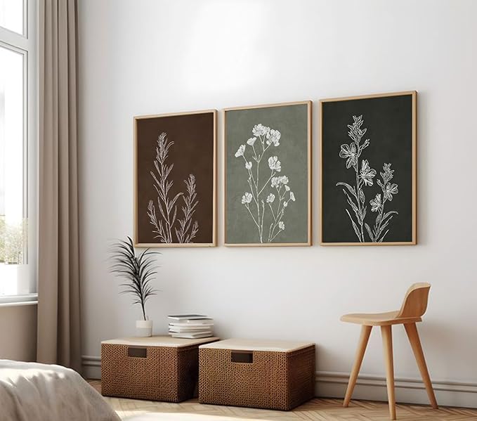 3Pcs Framed Botanical Canvas Wall Art Gallery Wrap Prints Minimalist Floral Posters Modern Botanical Artwork for Living Room Bedroom Bathroom Office Decor 12x16 Inch