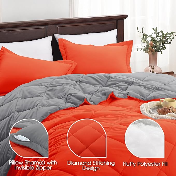 Basic Beyond Queen Comforter Set - Orange Comforter Set Queen, Reversible Bed Comforter Queen Set for All Seasons, Flame/Charcoal Gray, 1 Comforter (88"x92") and 2 Pillow Shams (20"x26"+2")
