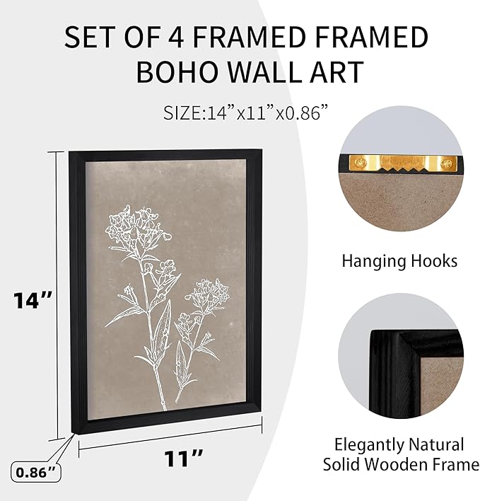 Heiple Framed Wall Art Set of 4 for Boho Home decor Botanical Print Wall Art for Rustic Vintage Farmhouse Wall Decor for Living Room (Black,11”x14”)