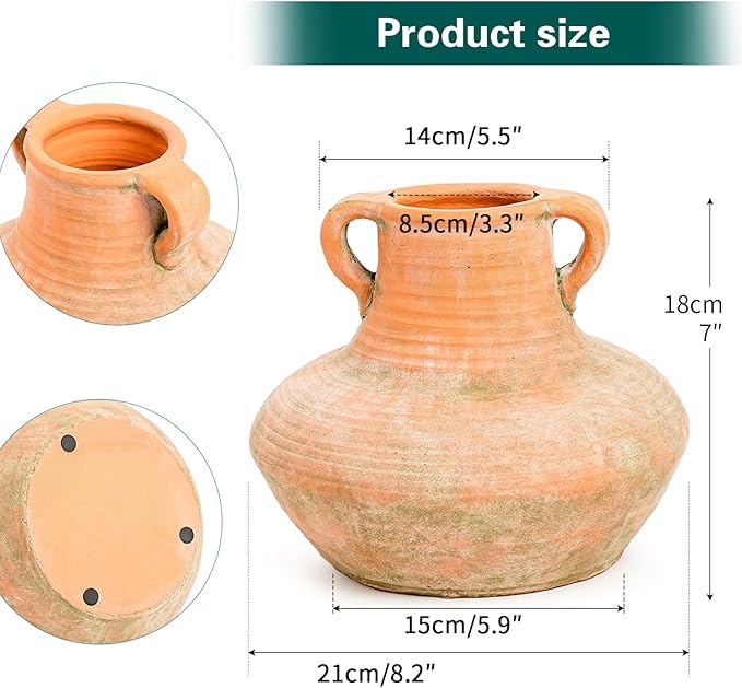 Sungmor Rustic Ceramic Flower Vase with Handles, Decorative Pottery Vase 7 Inch Terracotta Plant Pots, Cement Textured Vases Home Decor, Indoor Fresh Flowers Planter, Dried Flower Arrangements
