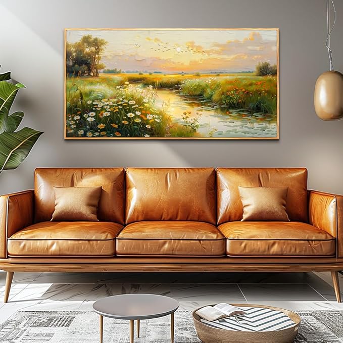 ZUITINGHUA Wood Framed Canvas Wall Art For Living Room Large Wall Decor For Office Bedroom Decorations Pastoral Scenery Picture Water edge Painting Artwork Ready To Hang Home Decor 30x60 In