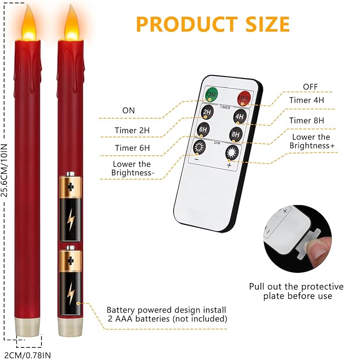24 Pcs Flameless Taper Candles with Remote, 10" Burgundy Battery Operated Led Candlesticks with Flickering 3D Flame, Fake Taper Candles for Christmas Thanksgiving Wedding Home Décor