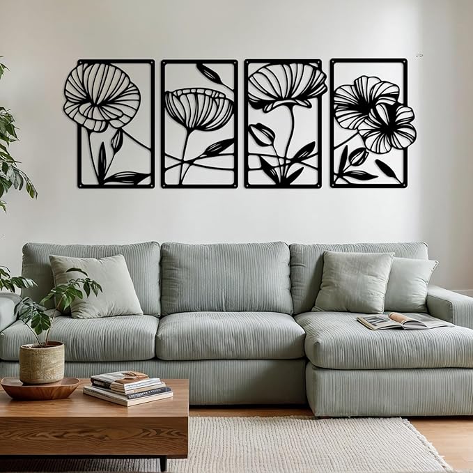 Ouqiesli Metal Flowers Wall Art Set of 4, Black Framed Floral Decor for Living Room, Bedroom, Bathroom, Hallway, Minimalist Home Decor - 15.75″ x 9.5″