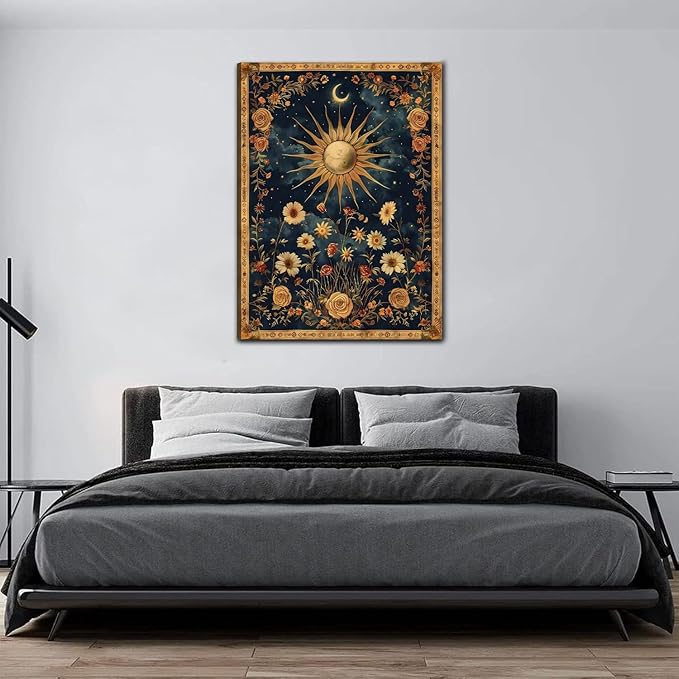 Sun and Moon Celestial Canvas Wall Art Tarot Crescent Moon Wall Decor Pictures Gothic Wildflowers Painting Posters Prints Aesthetic Dark Academia Vibe Artwork for Bedroom Home Decor Framed (16inx24in canvas)