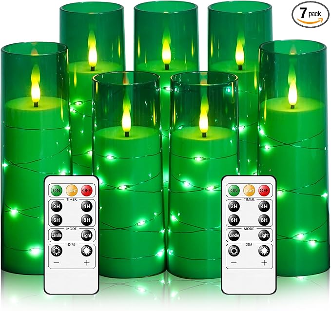 Flameless Candles,with Embedded Star String, Battery Operated Candles Flickering LED Pillar Candles with Remote Control and Timer, Home Decoration Add a Warm and Romantic Atmosphere，Set of 7 (Green)