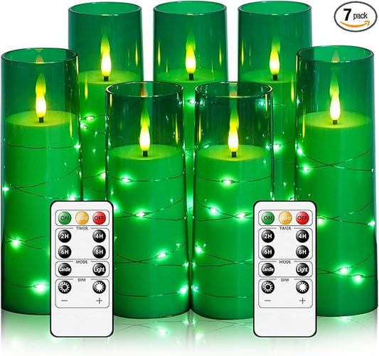 Flameless Candles,with Embedded Star String, Battery Operated Candles Flickering LED Pillar Candles with Remote Control and Timer, Home Decoration Add a Warm and Romantic Atmosphere，Set of 7 (Green)