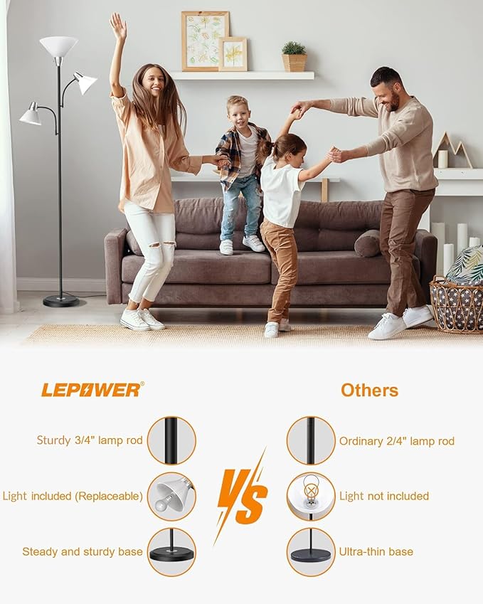 LEPOWER Floor Lamp, Standing Lamp with Replaceable 3000K Energy-Saving, Lamp for Living Room with Adjustable Reading Lights, Modern Bright Floor Lamp for Bedroom, Living Room, Office