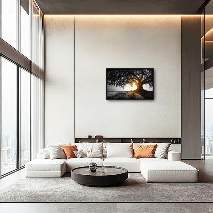 Olivine Tree Wall Art, Sunset Pictures Wall Decor, Black And White Painting, Nature Scenery Canvas Prints, Framed Artwork for Bathroom Bedroom Living Room Office Home Decoration 36"x24"