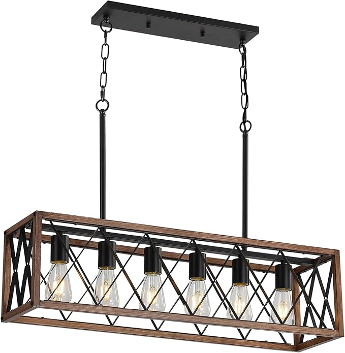 Farmhouse Kitchen Island Lighting,6-Light Dining Room Light Fixtures Over Table,Rustic Chandelier Wood Grain Finish,Height Adjustable Farmhouse Light Fixture for Dining Room Kitchen Bar.