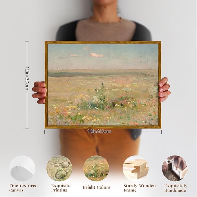 crmotu Vintage Framed Wall Art, Meadow Landscape Canvas Prints, Wildness Scenery Nature Wall Decor Pictures, Watercolor Aesthetic Wall Paintings for Living Room Bedroom Kitchen Artwork 12x16in